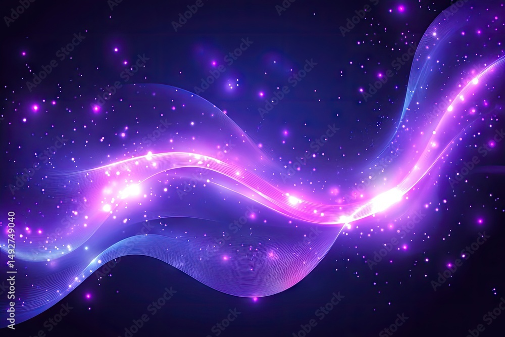 Poster a mesmerizing digital landscape featuring undulating waves of purple light and intricate dot pattern