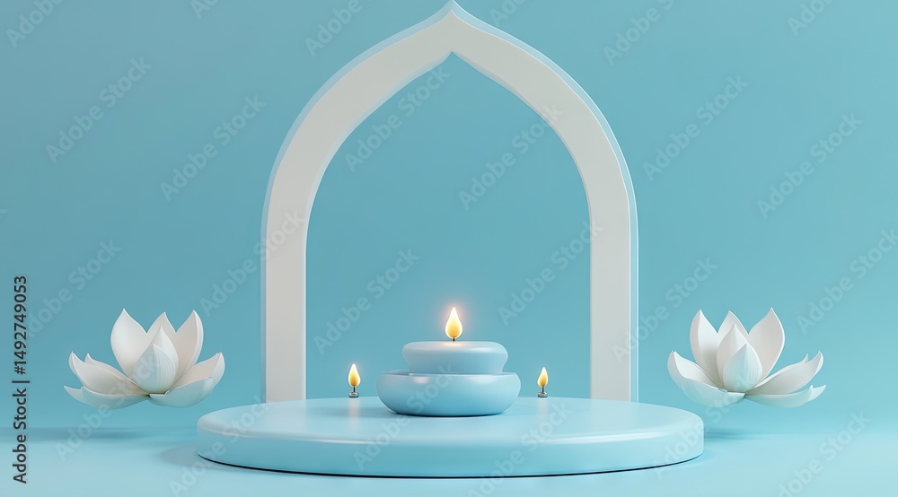 Poster a serene blue setting featuring a minimalist archway and lit candles. creating a tranquil atmosphere