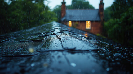 Wet rooftop of a house captured during a gentle rain shower 