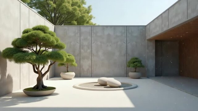 Minimalist zen garden with bonsai and gravel. Camera captures slow movement of light and shadows. 3D photorealistic animation for architecture and meditation use