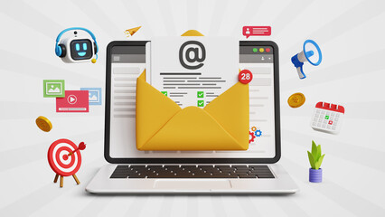 Email marketing, email automation, marketing automation. Customer engagement, retention, loyalty. Business e-mail communication, digital marketing. 3D laptop with Email message and marketing icons