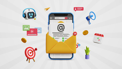 Email marketing, email automation, marketing automation. Customer engagement, retention, loyalty. Business e-mail communication, digital marketing. 3D smartphone with Email message and marketing icons