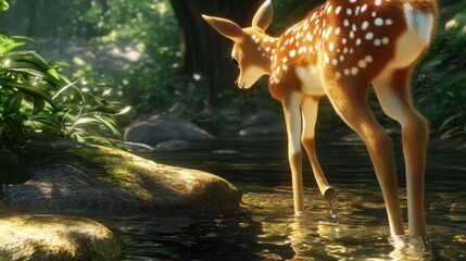 Fototapeta premium A young deer drinks from a sunlit stream in a lush forest