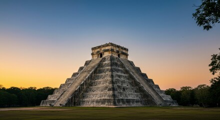 Majestic ancient pyramid at sunset, showcasing intricate stonework and surrounding lush landscape