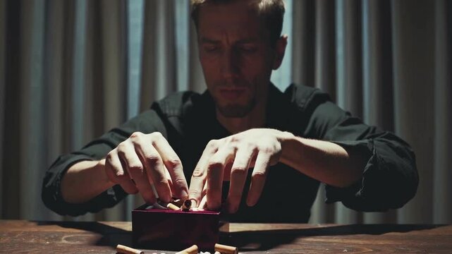 Man placing cigarettes into red box on table &mdash; addiction, choice, and inner conflict