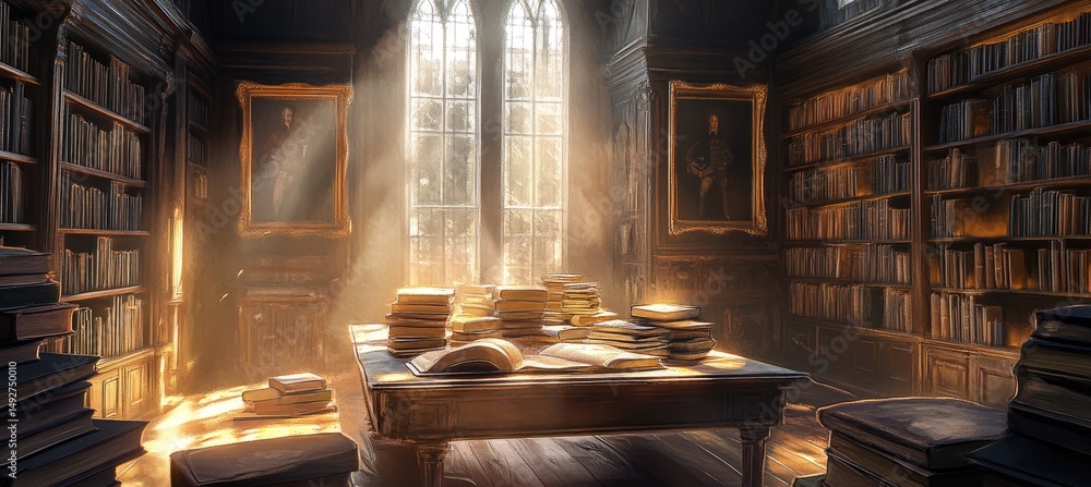 Poster a serene library filled with books. illuminated by sunlight streaming through large windows. creatin