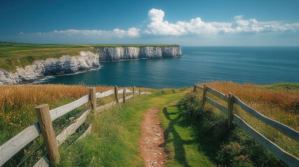 Wooden fencing and grassy clifftop path overlooking the sea  