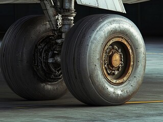 Close-Up: Aircraft Tire, Wheel, and Landing Gear on Tarmac