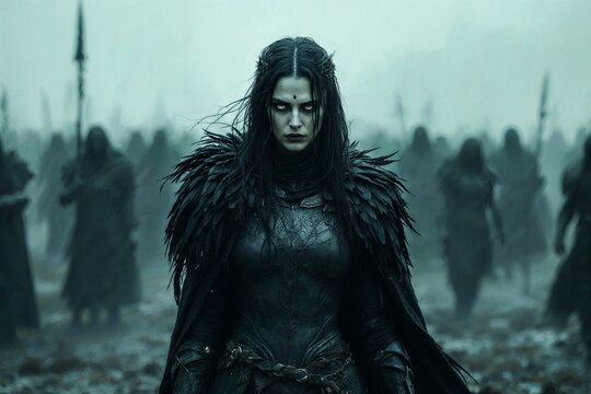 AI-generated celtic goddess morrigan in misty battlefield