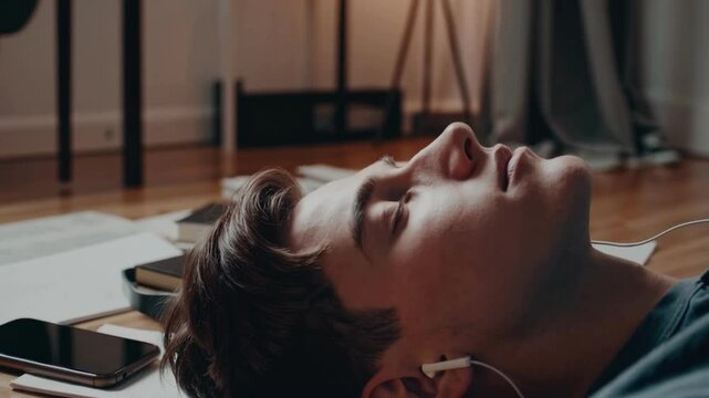 Young man lying on floor with earphones, lost in thought and sound