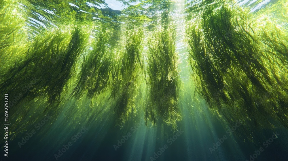 Poster underwater scene showcasing vibrant green aquatic plants swaying gently in the current. illuminated 