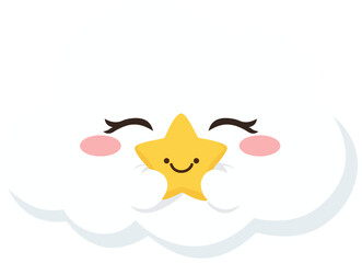 Kawaii Sleepy Cloud Hugging Smiling Star – Cute Fluffy Character Vector Illustration Isolated on White