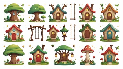 Fototapeta premium Treehouses and Fairy Homes Vector Pack – Whimsical Flat Illustrations of Magical Treehouses, Mushroom Cottages, and Fairy Doors