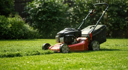 A lawnmower, captured in action, effortlessly cutting the lush, green grass on a sunny day.