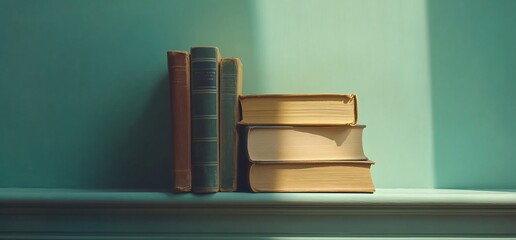 Books stacked on shelf under sunlight