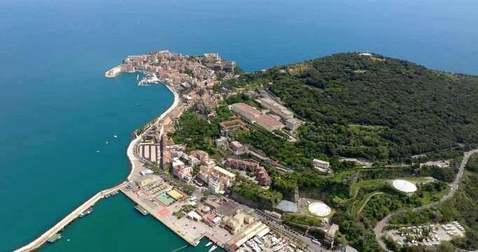 Aerial view of the historic center of the town of Gaeta, overlooking the Mediterranean Sea. It is a tourist destination in the province of Latina, Lazio, Italy. In foreground there is Orlando mount.