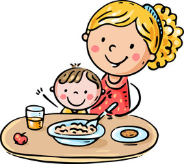 Cartoon mom feeding her kid with a spoon. Mother giving food to her little child. Cartoon family clipart