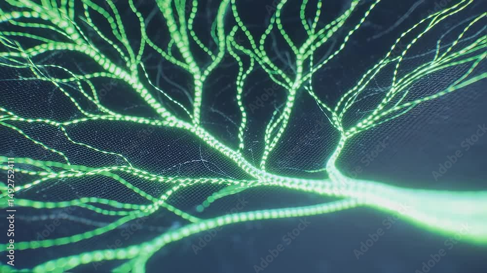 Aufkleber complex network structure resembling a neural system expands and connects, glowing green against a d