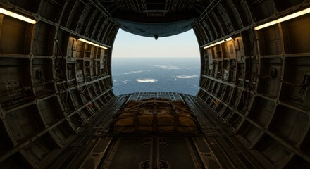 Looking out the back of a cargo plane at the sea below from inside the hold.