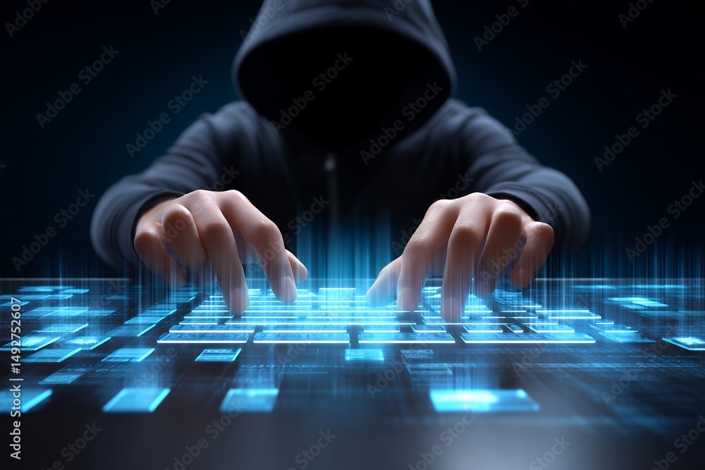Poster hooded figure typing on illuminated keyboard in dark setting