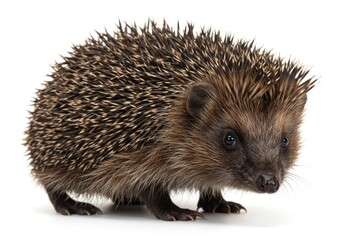 Fototapeta premium A detailed studio shot of a cute hedgehog featuring its distinctive spiky fur and inquisitive eyes.