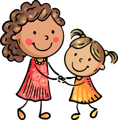 Happy cartoon mother and daughter holding hands and dancing. Isolated illustration, family clipart