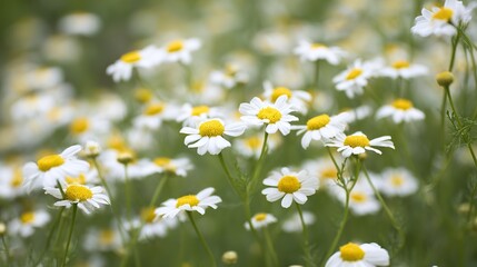 Close-up of white and yellow chamomile flowers, on a green background, showcasing intricate petal textures and subtle color transitions that highlight the beauty and serenity of nature.