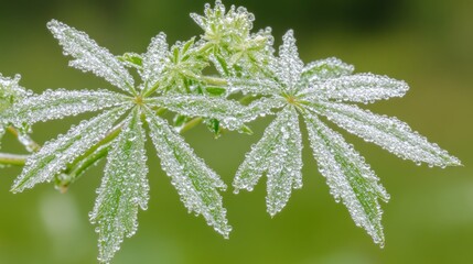 Fototapeta premium Dew-covered leaves, intricate detail, vibrant green background