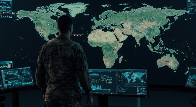 Military officer studies a world map on multiple screens, analyzing data in a command center.
