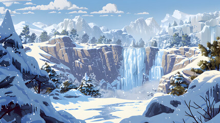 A scenic winter landscape with a waterfall cascading down rocky cliffs and snow covered mountains in distance