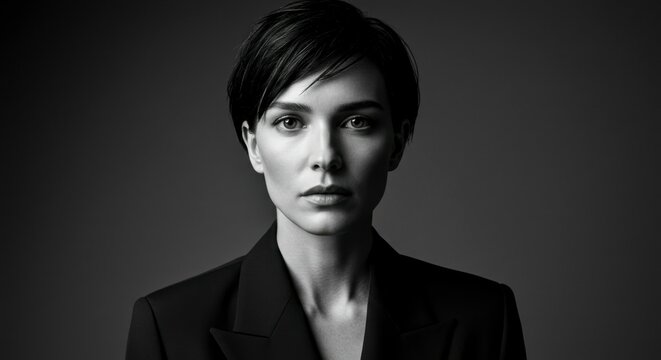 A striking black and white portrait of a woman in a formal jacket, facing the camera directly