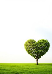 A heart-shaped tree stands prominently in a bright green field under a vast, luminous sky