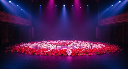 Circular floral arrangement on a dark stage, illuminated by vibrant pink and purple spotlights