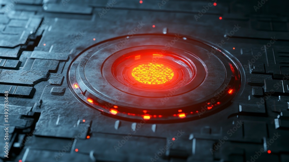 Poster glowing red core in metallic futuristic technology panel.