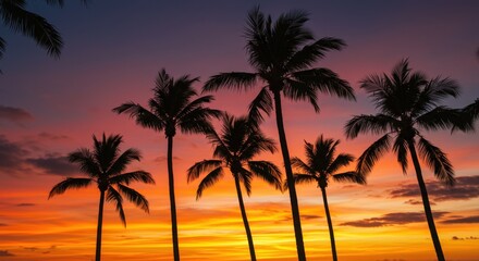 Obraz premium Palm trees silhouetted against a vivid sunset sky with warm orange and golden hues.