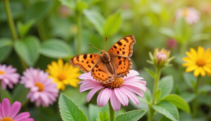 Butterfly perched on a pink flower in a vibrant garden setting  