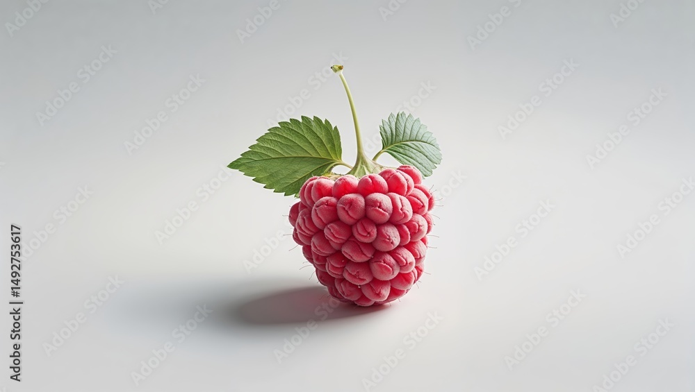Poster fresh raspberry with green leaves placed on a simple background, showcasing vibrant color and textur