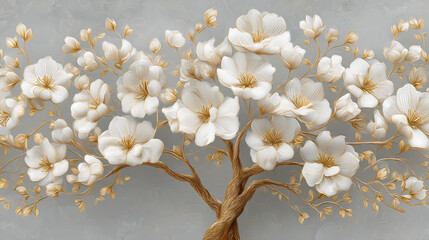 White and gold stylized floral tree, elegant design, gray background, wallpaper, decorative art, interior design, luxurious feel