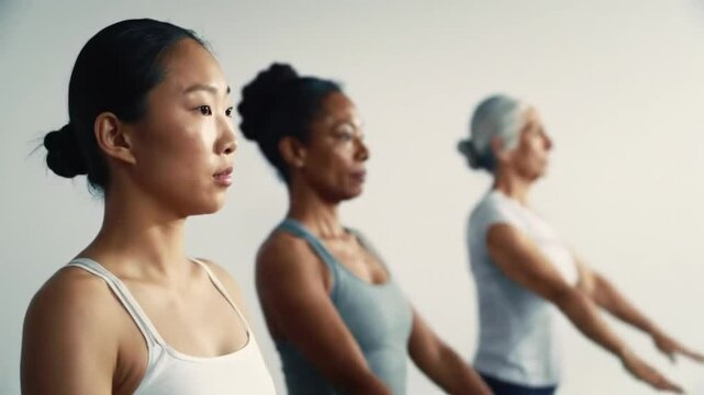 Synchronized Yoga Trio Diverse Women Doing Arm Raise in White Background Fitness and Wellness and Health Training Workout with Determination
