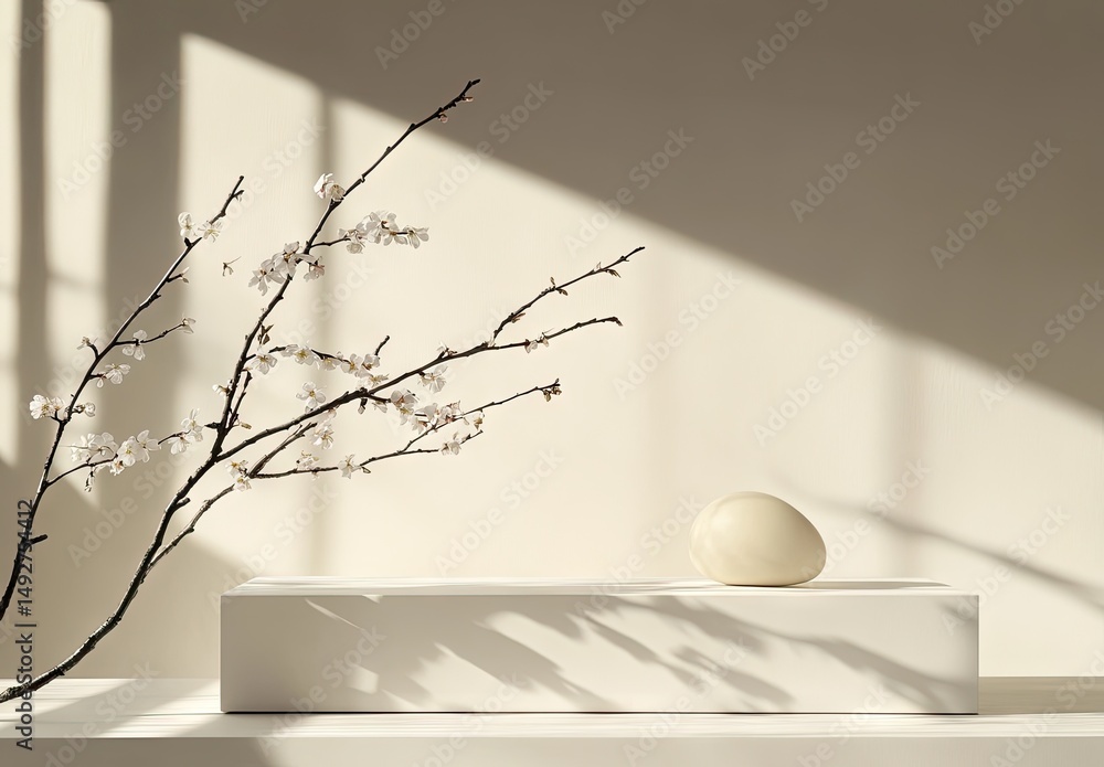 Poster a minimalist interior scene featuring a smooth. sculptural object resting on a sleek platform. with 