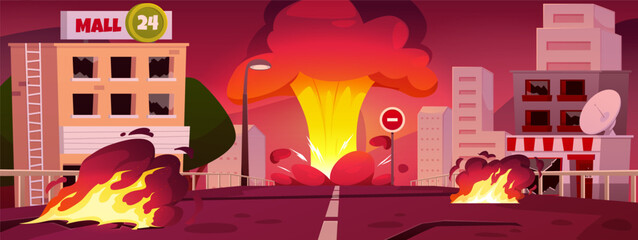 Obraz premium Bomb blast in city, buildings and roads are burning and destroyed, abandoned flaming cityscape vector flat illustration