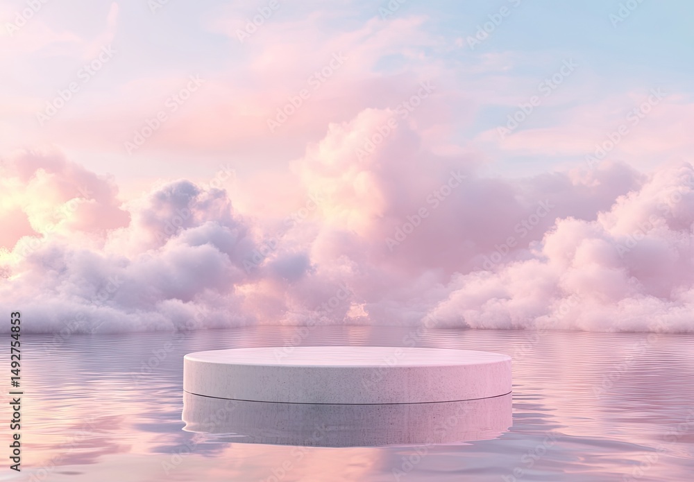 Poster a serene and minimalistic scene featuring a circular platform floating on calm waters. with pastel-c