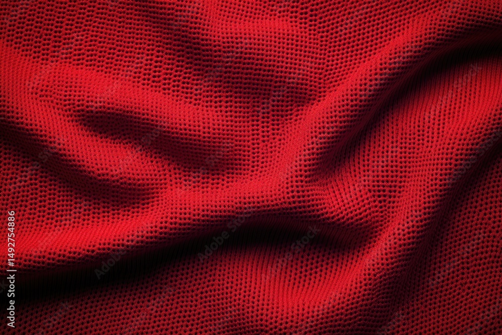 Poster close-up view of textured red mesh fabric showcasing intricate patterns and folds. ideal for fashion