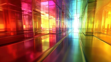 Obraz premium A corridor of translucent colored glass, bright light at the end. Use for backgrounds, concepts of vision, and psychedelic explorations.