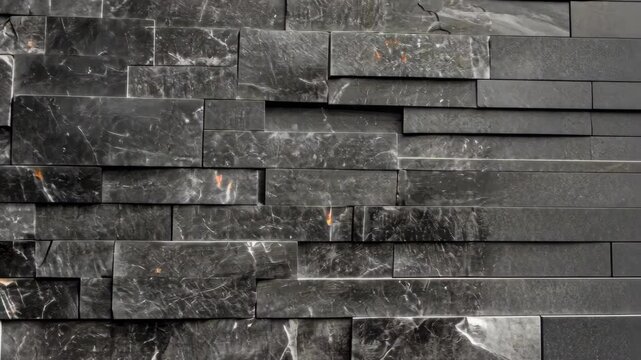 dark stone wall with irregular rectangular tiles in close up, textured surface