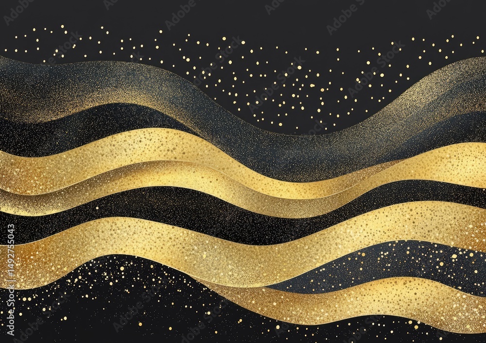 Poster a shimmering abstract design featuring flowing golden waves on a deep black background. creating a l