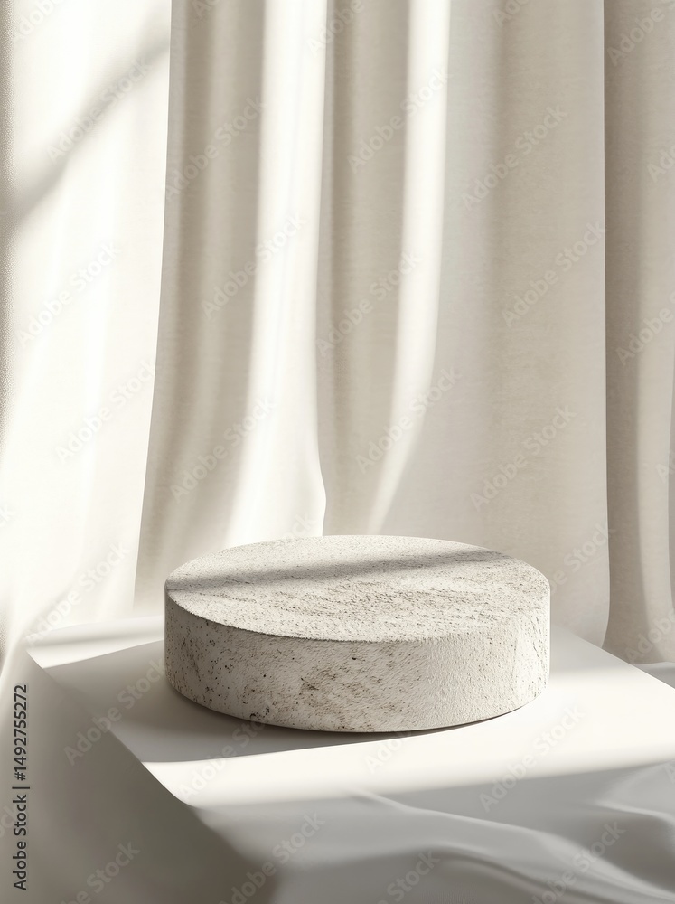 Aufkleber a minimalist interior scene featuring a textured stone pedestal with a white draped object. surround