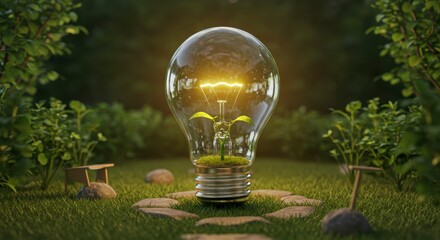 Illuminated bulb in a garden setting, with a sprout growing inside