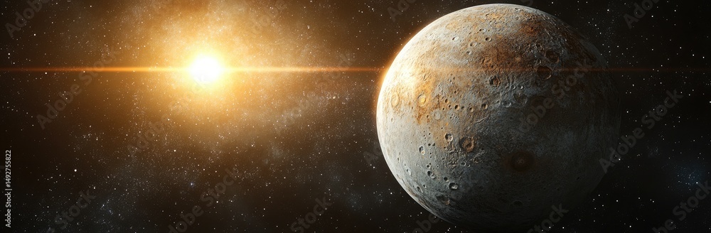 Poster a stunning view of a distant planet illuminated by a bright star. showcasing its textured surface an