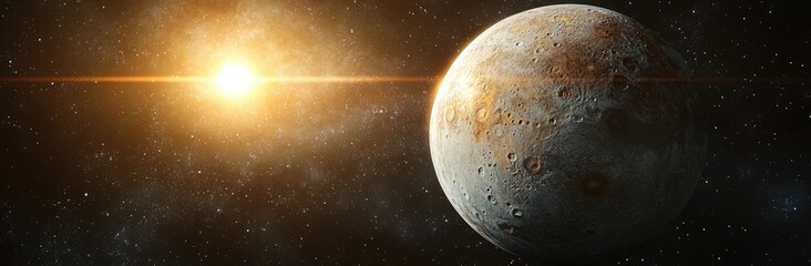 Naklejka premium A stunning view of a distant planet illuminated by a bright star. showcasing its textured surface and a backdrop of deep space filled with twinkling stars. ideal for scientific illustrations